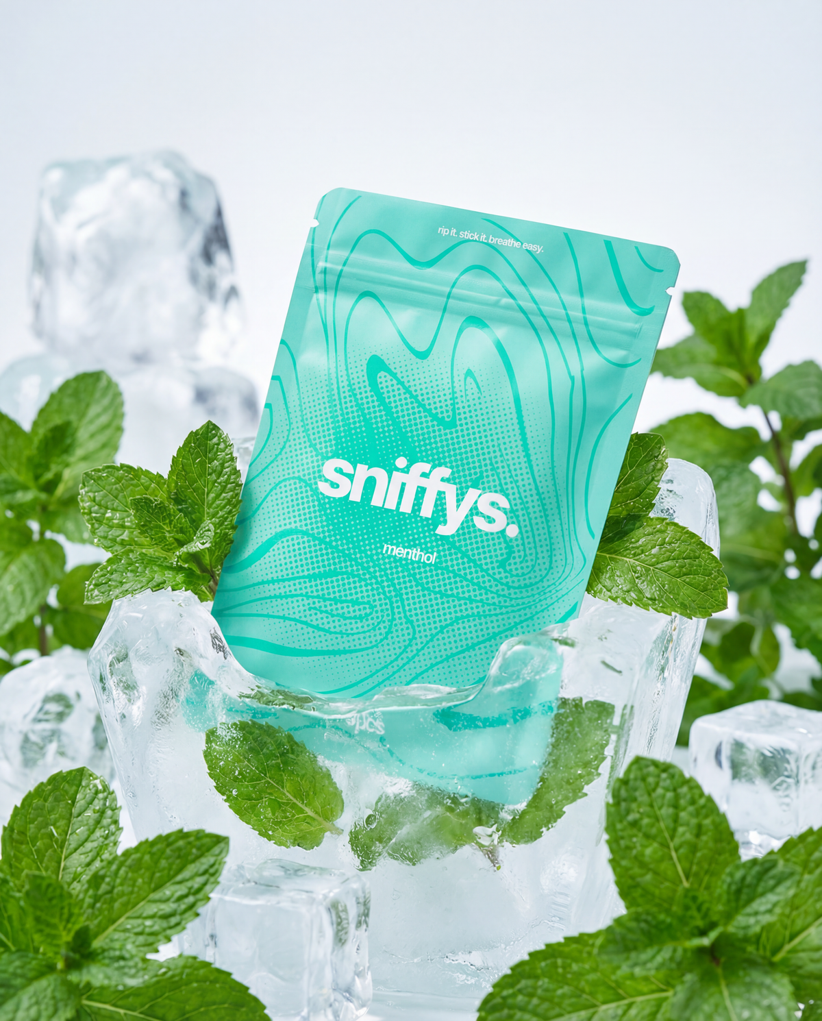 sniffys. Nasenstreifen Frisches Menthol: Packung zwischen Eiswürfeln und frischer Minze